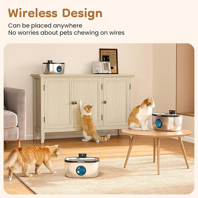 Wireless Cat Water Fountain Stainless Steel: 5L Stainless Steel Pet Water Fountain for Cats & Dogs Indoor, Automatic Battery Operated Cat Water Fountain, Ultra-Quiet Cat Water Dispenser with Filter