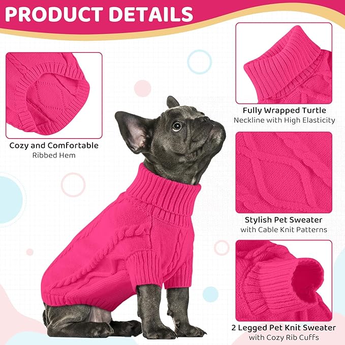 Queenmore Small Dog Pullover Sweater, Cold Weather Cable Knitwear, Classic Turtleneck Thick Warm Clothes for Chihuahua, Bulldog, Dachshund, Pug (Fuchsia, Small)
