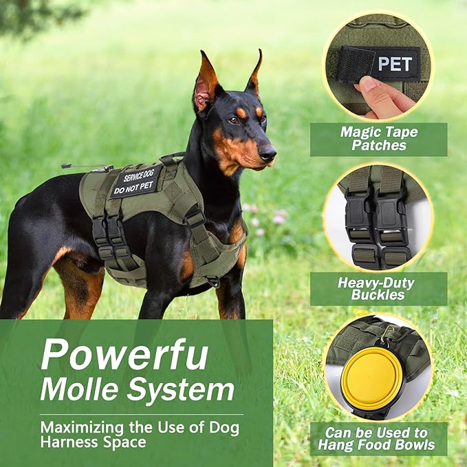 No Pull Tactical Dog Harness for Small Dogs, Escape Proof Molle Dog Vest Harness and Leash Set, Adjustable Military Service Dog Harness with Handle for Medium Large Dogs (Green, S)