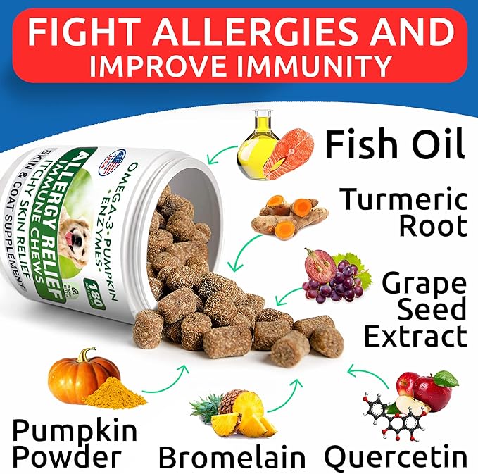 Allergy Relief + Omega 3 Bundle - Anti-Itch Skin&Coat Supplement + Skin Allergy - Omega 3 Fish Oil + EPA& DHA Fatty Acids - Itching&Paw Licking + Joint Health - 180 Chews + 180 Softgels - Made in USA