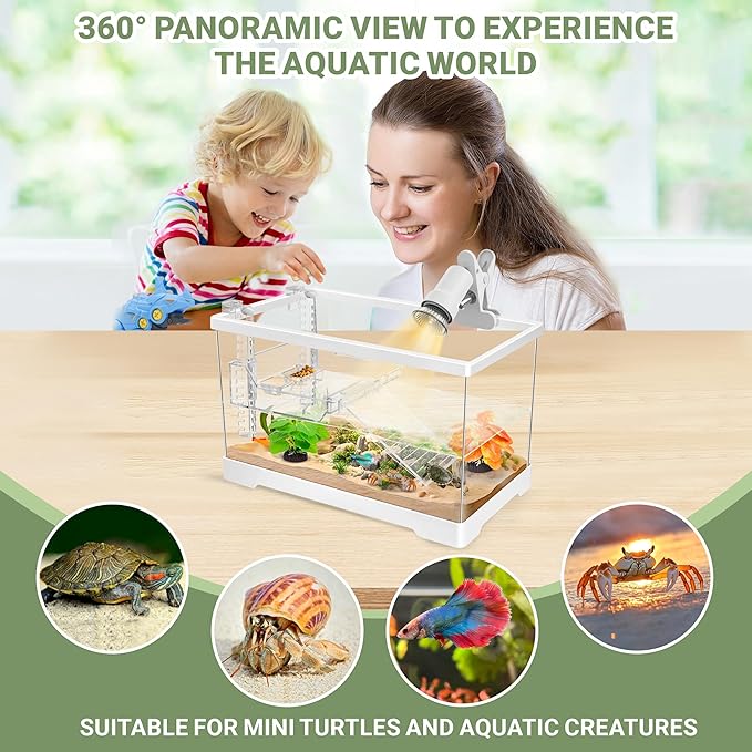 GOZILLA Mini Aquatic Turtle Tank Kit with Adjustable Lamp,PC Turtle Tank Starter Kit,Small Hermit Crab Tanks with Lid, Hanging Platform for Baby Turtles,Crabs,Fish.(11.8×7.24×7.1''/White Kit)