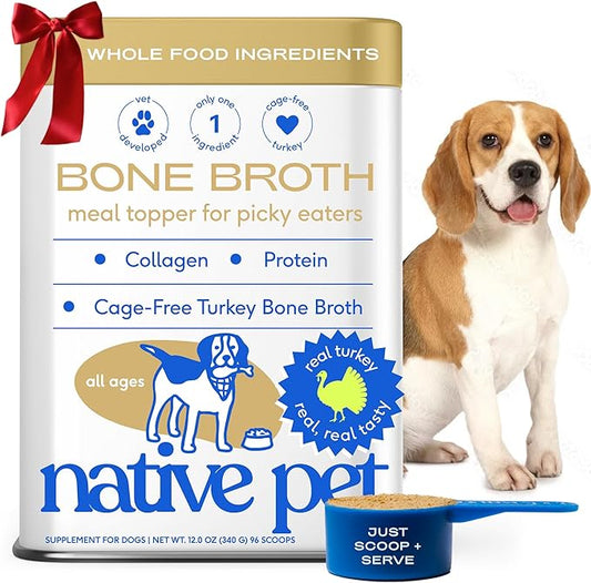 Native Pet Bone Broth for Dogs and Cats - Turkey Bone Broth Powder Dog Food Toppers for Picky Eaters - Provides Extra Nutrition for Joint Strength, Immune Support & Heart Health - 96 Scoops