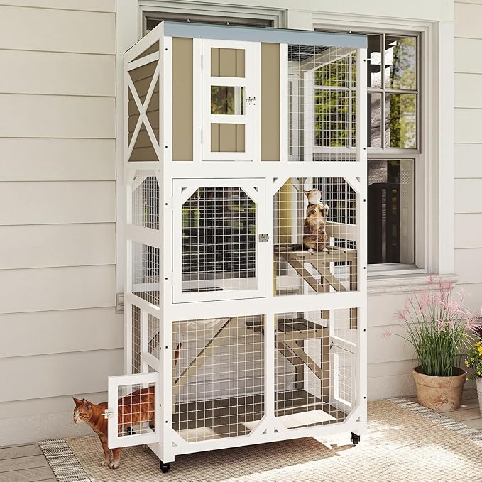 64" Large Wooden Catio Outdoor Cat Enclosure, Window Cat House with Wheels & 3 Platforms, Kitty Cage with Weatherproof Roof for Multiple Cats (Gray)