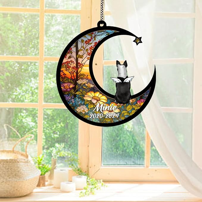 Personalized Boston Terrier (Black White) Sun Catcher, Dog Memorial Gifts, Custom Boston Terrier (Black White) with Wings Ornament Christmas Tree, Loss of Dog Sympathy Gift Memorial Suncatchers