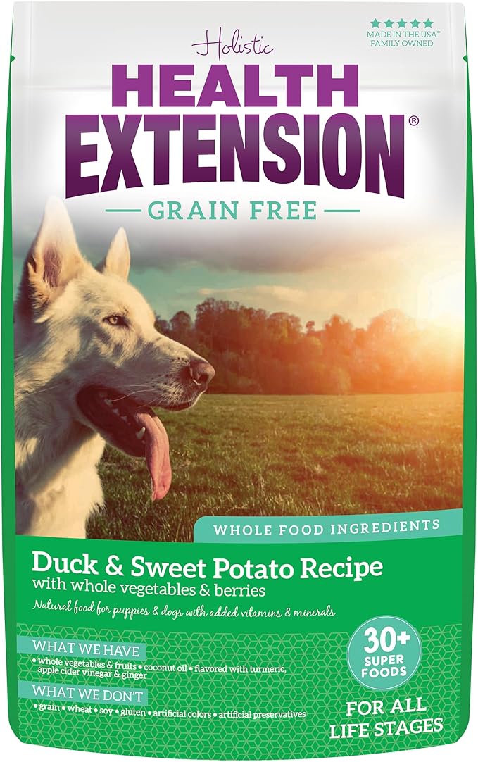 Health Extension Grain Free Duck & Sweet Potato Dry Dog Food - 30+ Superfoods and Probiotics for All Life Stages (4lb)