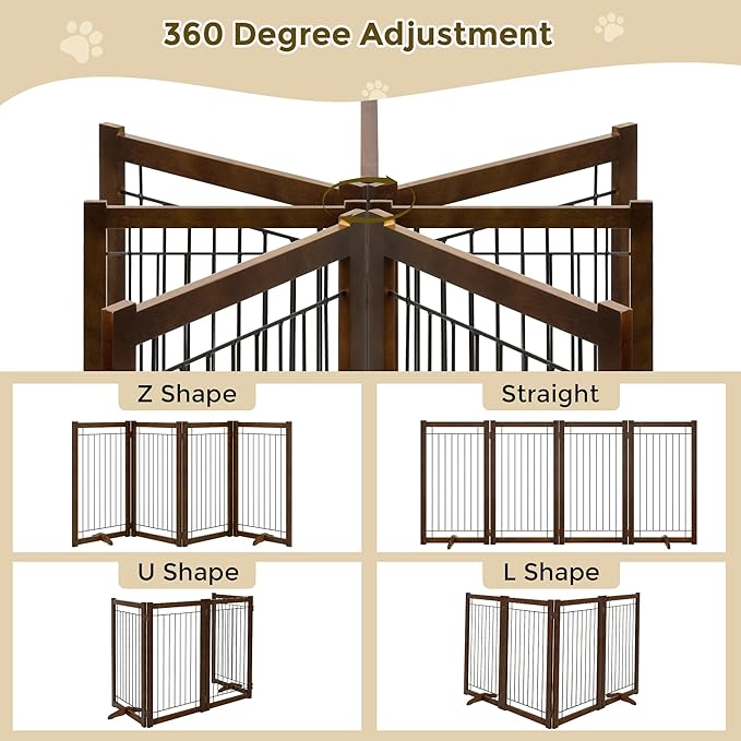 Wire Dog Gate Solid Wood Frame, Anti-Chewing, 4-Panel, 36" Height, 80" Width, Indoor Freestanding Pet Gate Foldable Wooden Dog Fences for Stairs, House, Doorway, Walnut Color