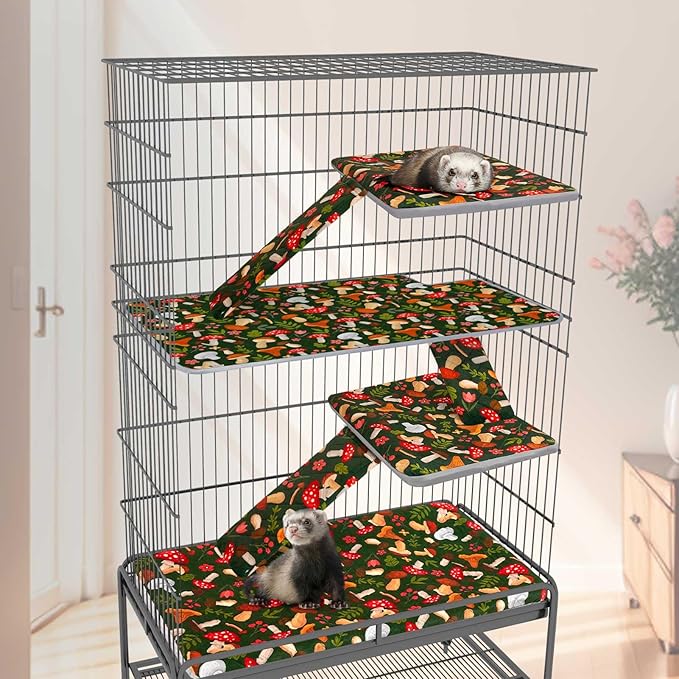 Bienbee Ferret Cage Liner Set, Waterproof Ferrets Cage Accessories for Small Animals Rats Chinchillas Hedgehogs Ferrets(Green Mushroom, Double Unit Combo)