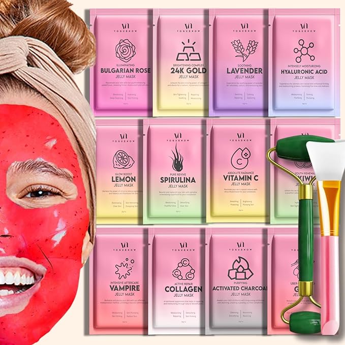 Jelly Mask for Facials - 12 Flavors Hydrating & Brightening Jelly Face Masks | Free Jade Roller & Spatula |Bulgarian Rose, Lavender, Hyaluronic Acid 24K Gold face mask | International Womens Day Gifts