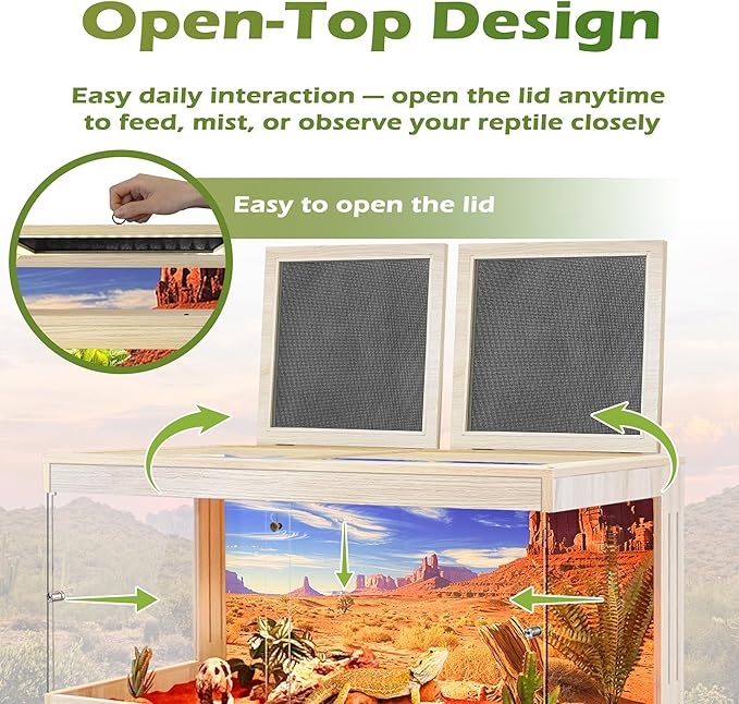 ROYXEN Bearded Dragon Tank with Leg Stand,Tempered Glass Reptile Tank with Metal Mesh Top, 3-Side Clear Anti-Scratch Glass Lizard Tank,Snake Tank for Reptile Habitat