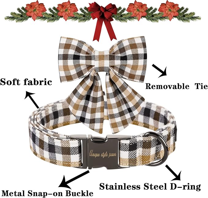 Unique style paws Christmas Dog Collar with Bow Tie Brown Plaid Puppy Collar for Small Medium Large Dogs as Autumn Winter Pet Gifts-XS
