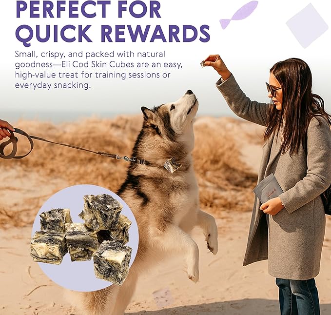 Eli Cod Skin Cubes – A Natural, Bite-Sized Fish Treat for Dogs, High in Protein and Omega-3, Ideal for Quick Rewards or Meal Toppers, Single Ingredient, Grain Free, Gluten Free, Air Dried – 3 oz