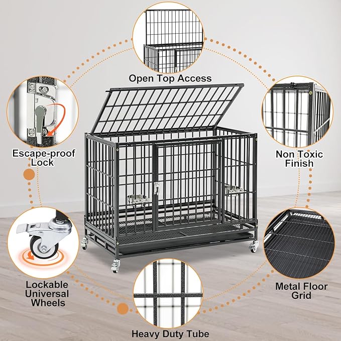 Homey Pet Two Tiers 37 Inch Dog Crate, Escape Proof Dog Cage Kennel Indoor with Top Access and Lockable Wheels, Removable Tray, Heavy Duty Dog Crates for Medium/Small Dogs