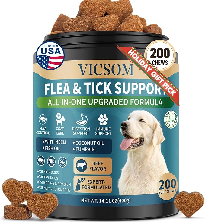 Flea and Tick Prevention for Dogs Chewable, 200 Soft Treats Natural Oral Dog Flea and Tick Treatment Chews Support Dog Skin & Digestive Supplement for Dogs Puppies All Breeds & Ages, Beef Flavor