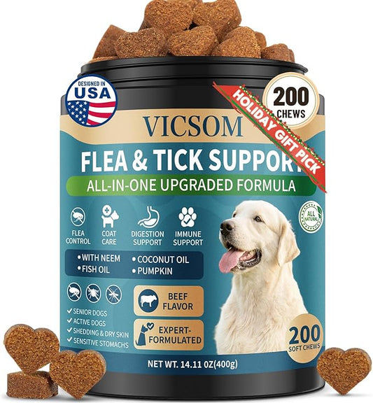 Flea and Tick Prevention for Dogs Chewable, 200 Soft Treats Natural Oral Dog Flea and Tick Treatment Chews Support Dog Skin & Digestive Supplement for Dogs Puppies All Breeds & Ages, Beef Flavor
