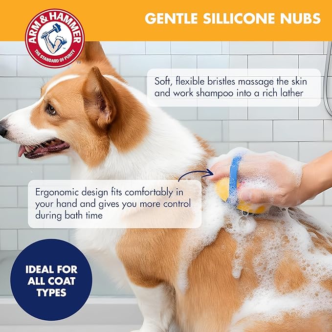 Arm & Hammer Deodorizing Soap Dispensing Palm Brush for Dogs - Grooming Dog Brush for All Hair Types, Pair Dog Soap Dispenser with Your Pets Favorite Shampoo, Easy Grip Scrubber for Dogs