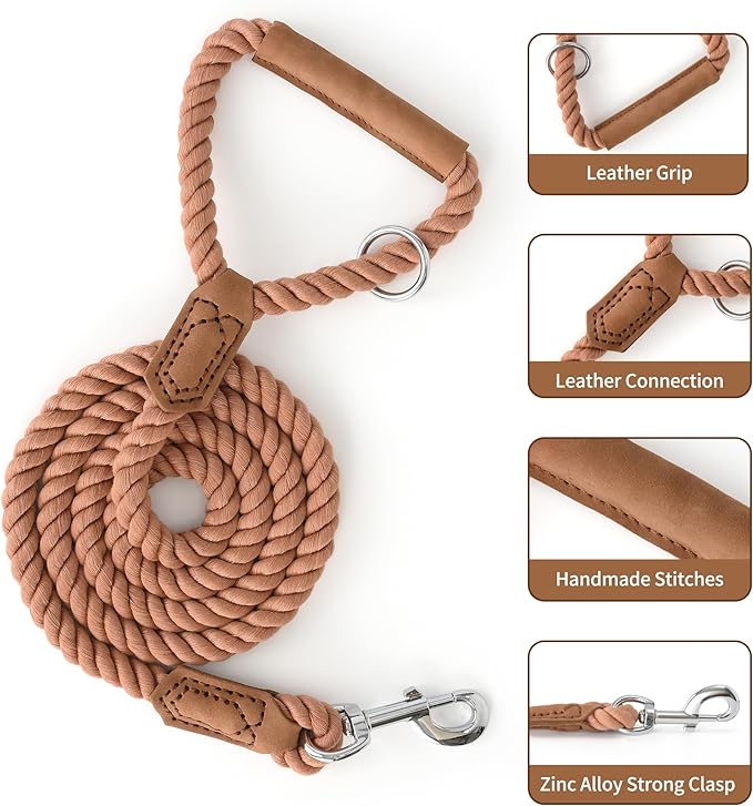 Mile High Life Dog Leash, Braided Cotton Rope Leashes with Leather Handle - Heavy Duty Metal Clasp, 6FT, 1/2" Thick - Wedding, Walking & Training Leash for Small Medium Large Dogs (Mocha Mousse)