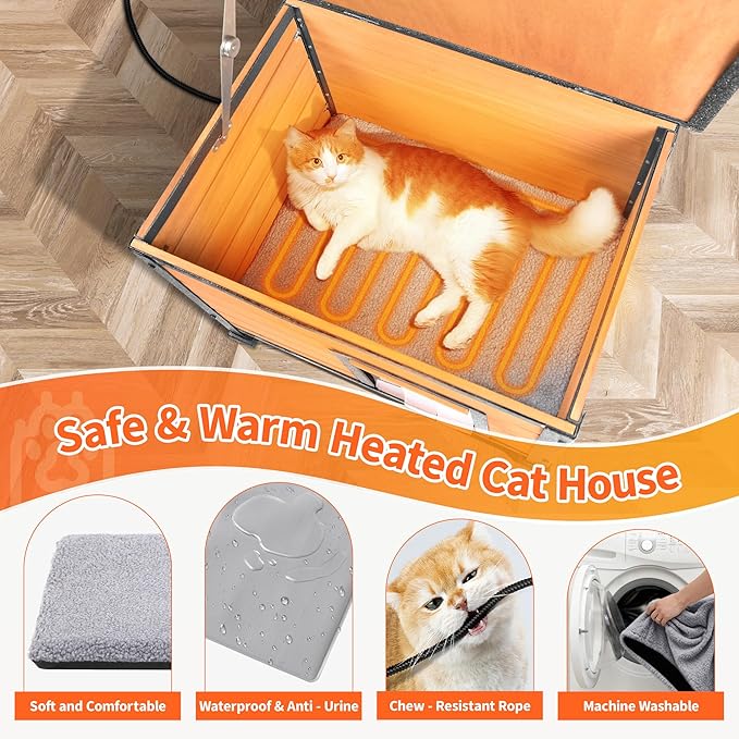 Heated Outdoor Cat House with Heating Pad - Weatherproof Winter Insulated Shelter for Outdoor Cats with Escape Door & PVC Flap, All-Steel Frame and Wooden Construction, Brown