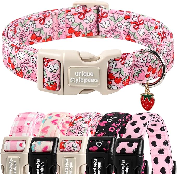 Unique Style Paws Valentine Dog Collar Plastic Buckle with Pendant Red Pink Strawberry Cotton Puppy Collars for Small Medium Large Dogs