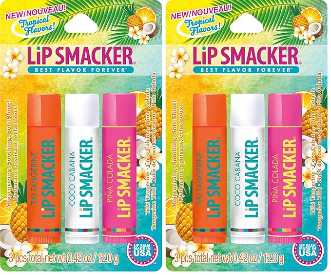 Lip Smackers Flavored Lip Balm Tropical Fever - Moisturizing, Soothing Trio Tiki Tangerine, Coco Cabana, & Pina Colada (Pack of 2)