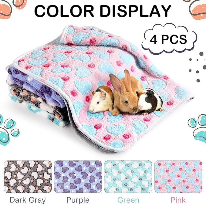 Reginary 4 Pcs Waterproof Guinea Pig Blankets Washable Small Animal Fleece Bedding Guinea Pig Cage Liners Reusable Training Pads Pet Pee Pad Sleep Mat for Hamster(Heart Pattern,24 x 16 Inch)
