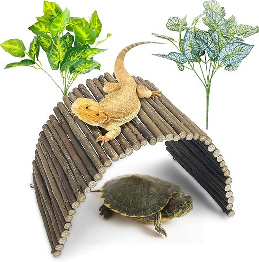 BNOSDM Large Reptile Hide Tortoise Hideout Bearded Dragon Wooden Bridge Snake Climbing Tunnel Habitat Decor for Lizards Spiders Gecko Ball Python (19.7x9 in)