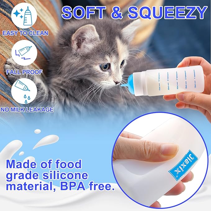 3 Pack Kitten Silicone Bottle Feeding Kit,Nipple & Feeding Kit for Kittens, Reusable Newborn Kitten Supplies, Suitable for Feeding Kitten, Puppy, Rabbit,Hamster (Blue, Small)