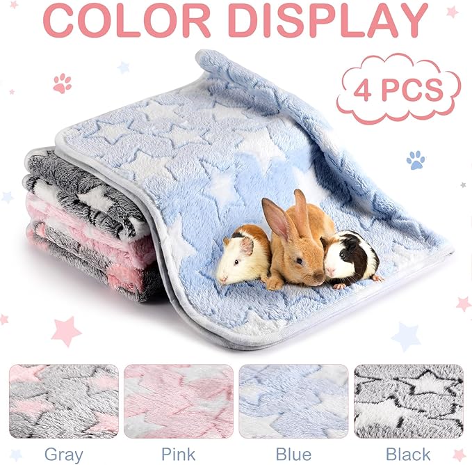 Reginary 4 Pcs Waterproof Guinea Pig Blankets Washable Small Animal Fleece Bedding Guinea Pig Cage Liners Reusable Training Pads Pet Pee Pad Sleep Mat for Hamster(Cute Star Pattern,12 x 12 Inch)