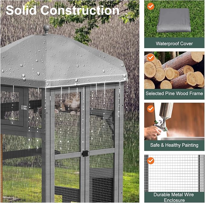 Catio Outdoor Cat Enclosure, Large Indoor Cat Catio for Multiple Cats with Window Access & Waterproof Roof, Includes Cats House, Multiple Platforms & Scratching Post, 65" Kitty Cage, Grey
