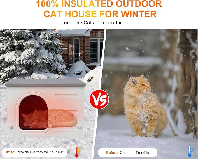 Rockever Plastic Outdoor Indoor Cat House with Insulated Liner, 100% Insulated Feral Cat House for Winter, Waterproof Cat Houses for Outdoor Cats, Spacious, Assemble Easily-Grey