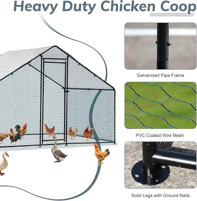 VINGLI Chicken Coop, 6.5 * 9.8 * 6.5 ft Large Metal Poultry Cage for Chicken Run, Walk-in Chicken Pen with Waterproof & Anti-UV Cover for Yard Outdoor (Black-Spire Roof)