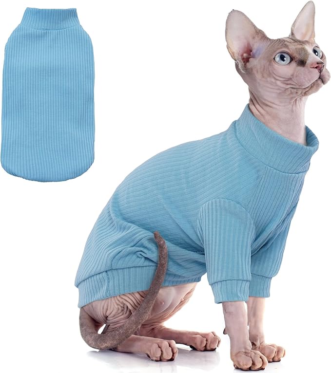 PUMYPOREITY Cat Clothes: Stretchy Shirt, Sweater with Sleeves, Soft Pullover Pajama for Sphynx, Devon Rex Cats - Blue, XS