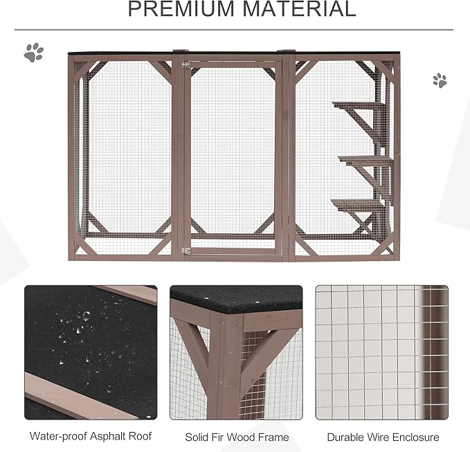 PawHut Outdoor Cat House, Catio Wooden Feral Cat Shelter, Cat Cage with Platforms, Large Enter Door, Weather Protection Asphalt Roof, 71" L, Brown
