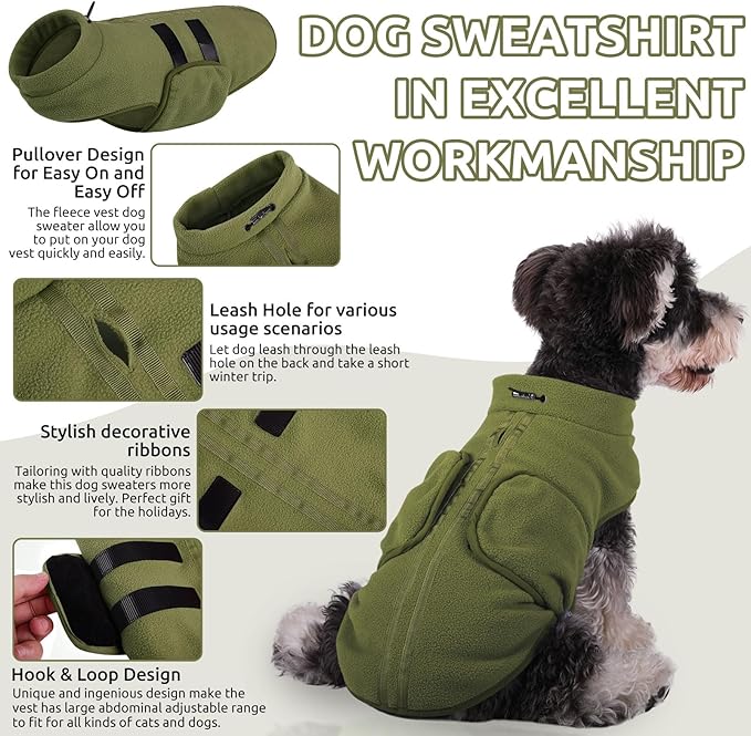 Queenmore XXS Dog Sweaters, Soft Fleece Vest Pullover Dog Jacket with Leash Hole, Warm Winter Dogs Clothes Cold Weather Doggy Dachshund Sweater for Small Dogs Cats Boy or Girl (Army Green, XXS)