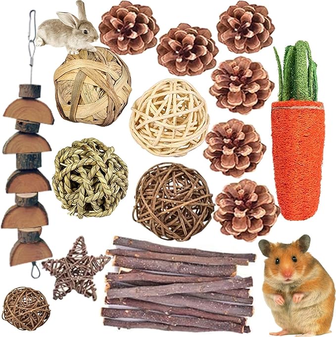 Hamster Chew Toys，24PCS Combined Chew Toys Molar Sticks Sweet Bamboo Apple Branch Molar Toy for Rabbits Pets Chinchilla Squirrel Gerbil Hamster Squirrel Guinea