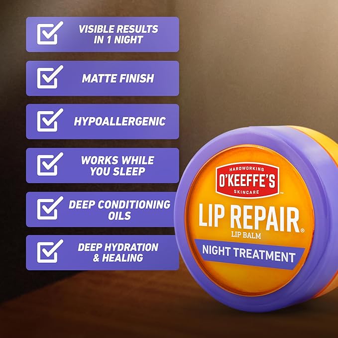 O'Keeffe's Lip Repair Night Treatment Lip Balm for Dry,Cracked Lips - 0.25 Ounce Jar - Moisturizer for Extremely Cracked,Dry Lips,(Pack of 4)