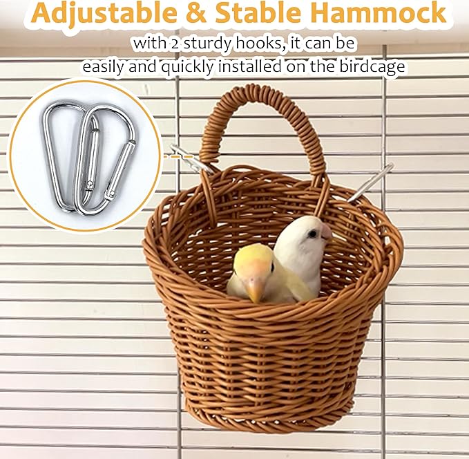 Handwoven Bird Bed for Cage, Chew Resistant Parakeet Nest with Sturdy Hooks, Non Collapse Tight Weave Parrot Bed Nest, Washable Hanging Small Bird Hammock for Budgie Lovebird Canary