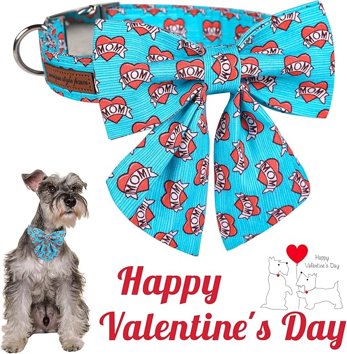 Unique style paws Valentine's Day Dog Collar with Tie Blue Heart Puppy Collar Best Gift for Small Medium Large Boys Girls-M
