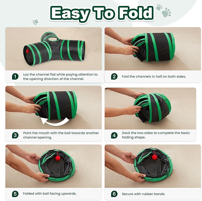 Love's cabin Cat Tunnels for Indoor Cats, Cat Tube Toys 3 Way Collapsible, Pet Play Tunnel with Peek Hole Toy Ball for Kitty, Kitten, Rabbit, Black&Green, Small Size (23.6"X13"X11")