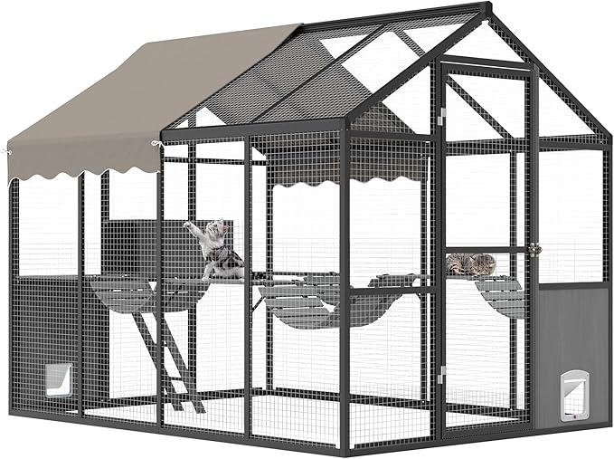 Aluminum Extra Large Outdoor Catio Enclosure for Multiple Cats – Walk-in Cat Run with Channels, Side Door, UV-Proof Cover & Platform