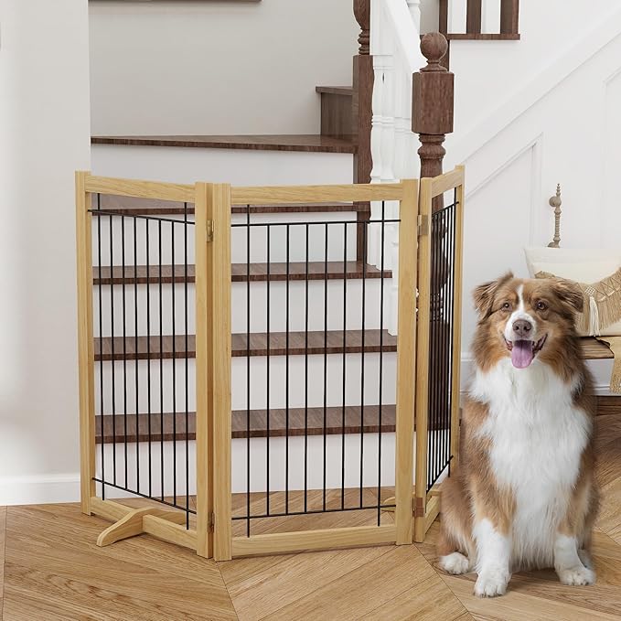 Wire Dog Gate Solid Wood Frame, Anti-Chewing, 3-Panel, 36" Height, 60" Width, Indoor Freestanding Pet Gate Foldable Wooden Dog Fences for Stairs, House, Doorway, Oak Color