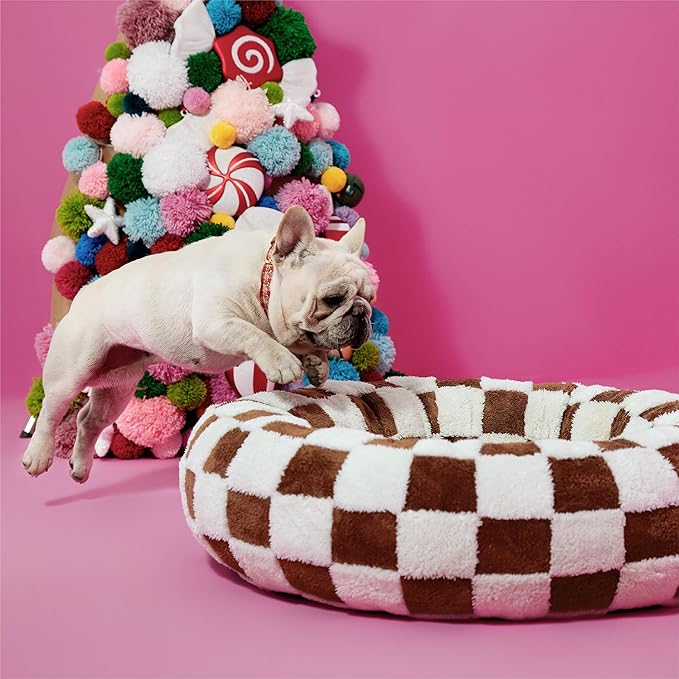 LE SURE Donut Small Dog Bed - Round Cat Beds Indoor Anti-Anxiety Calming Present for Pets, Washable Cute Modern Beds with Jacquard Shaggy Plush & Anti Slip Bottom，23 Inch, Brwon