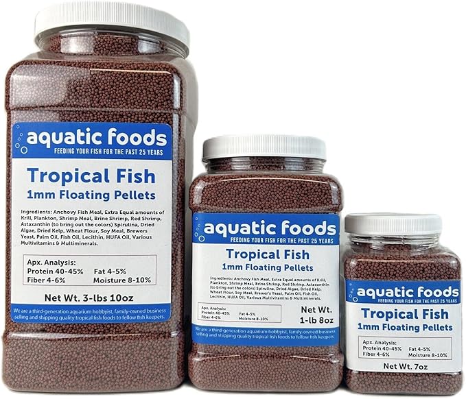 Aquatic Foods Inc. Tropical Fish 1mm - 1/32" Floating 40% Protein Pellets for Discus, Cichlids, Bettas, Guppies, Tetras, Live Bearers, Baby Koi, Smaller Tropical and Pond Fish...WL 1-lb 8oz Med Jar