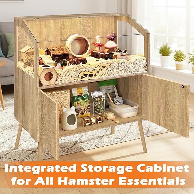 PROLEE Hamster Cage with Storage Cabinet,Large Hamster Encloure Chew Proof Wood,Clear View Hamster Habitat for Guinea Pig, Ferret, Rat, Hedgehog, 40" L x 20" W x 47" H (White Oak)