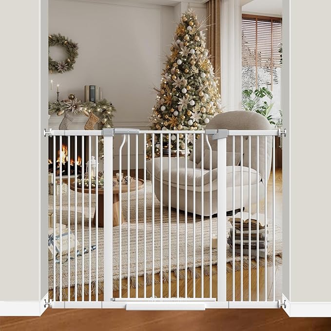 41" Extra Tall Dog Gate for Doorways and Stairs No Drill, Adjustable 40.6-54.7'' Auto Close Pet Gate Indoor, Pressure Mounted Walk Through Swing Wide Baby Gate, Tall Cat Gate with Expansion Kit, White
