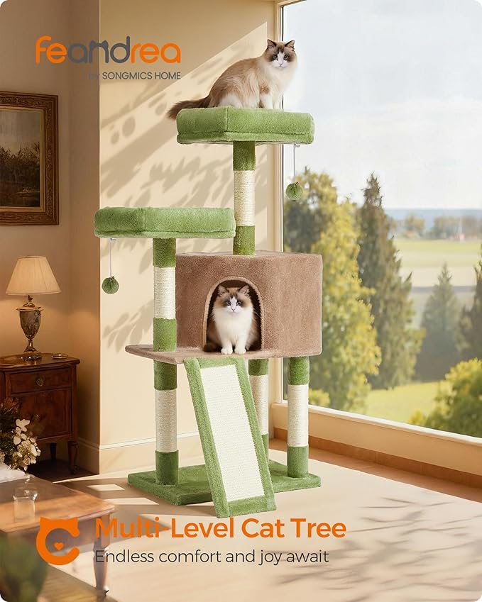 Feandrea Cat Tree Tower, 45.3-Inch Cat Condo with Scratching Post, Ramp, Perch, Spacious Cave, for Small Spaces, Grass Green and Camel Brown UPCT141CB03