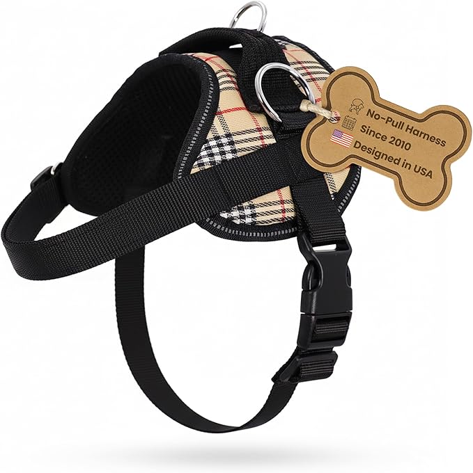 Bark Appeal Tan Plaid No-Pull Dog Harness for Extra Small to Small Sized Pets – Adjustable, Reflective Vest with 3 Leash Clips for Added Control, Easy Walks & Training – Small