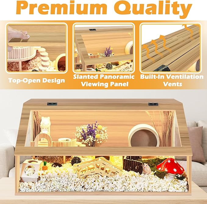 PROLEE Hamster Cage Chewproof, Sloped Mice and Rat Habitat with Clear View, Solid Built with Lockable Design and Openable Top (Oak)
