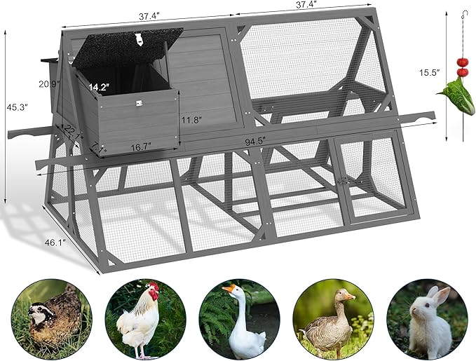 Chicken Coop for 4-8 Chickens, A-Frame Wooden Chicken Run, 95'' Outdoor Poultry Cage w/ 2 Nesting Box, Hen House w/Ventilating Wire, Waterproof Asphalt Roof, Gray