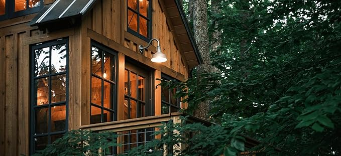 Steel Lighting Co. | Dusk to Dawn | Hawthorne Barn Light | Outdoor Wall Mounted | 8 in Dome | 6 in Straight Arm| Small Farmhouse Light Made in America | Navy Blue/Brass