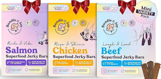 Bundle x Joy Dog Treats Jerky Snack Bars, Variety 3-5 oz Bags, Training Treats, Natural Superfood Grain Free, Real Salmon, Chicken, Beef, Superfoods, Corn & Soy Free